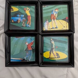 Framed Golf Course Art Tile Set Of 4 - Black Frames, Multicolor Turnwald Collect